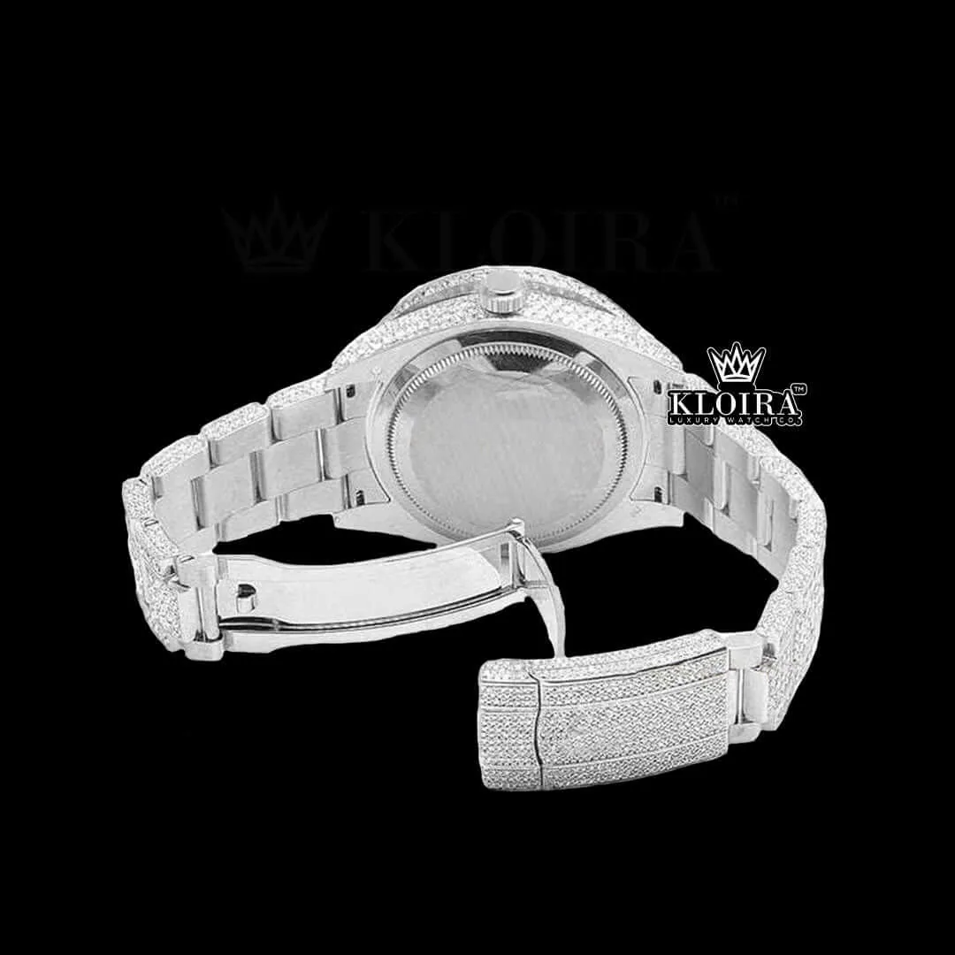 White Stick Markers Dual Time Black Dial Full Icd Out Moissanite Watch Caseback View