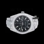 White Stick Markers Dual Time Black Dial Full Icd Out Moissanite Watch Close Up Dial View
