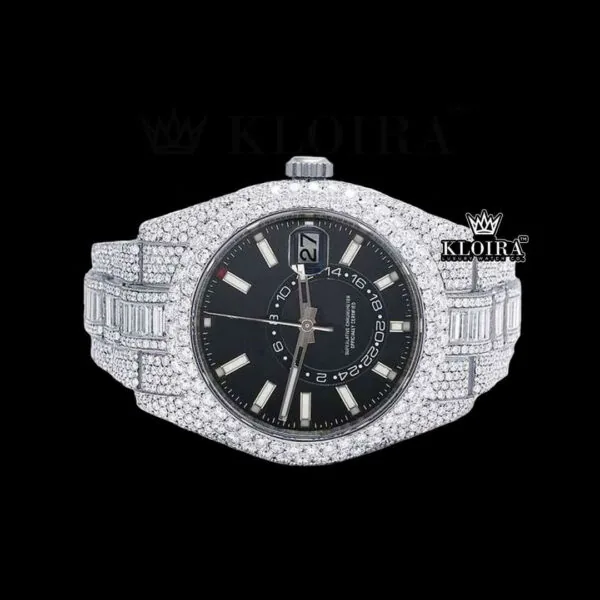 White Stick Markers Dual Time Black Dial Full Icd Out Moissanite Watch Close Up Dial View