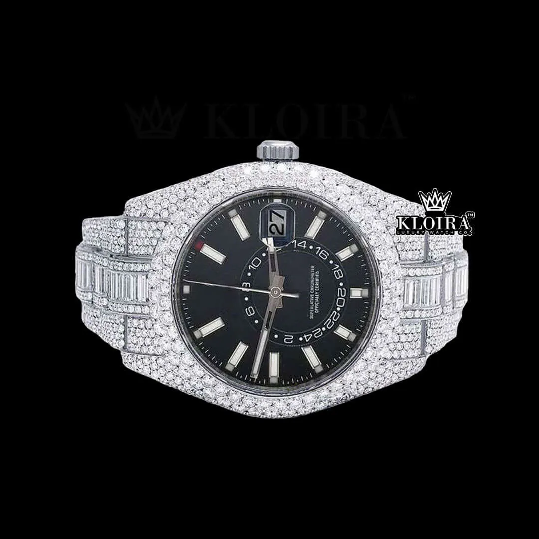 White Stick Markers Dual Time Black Dial Full Icd Out Moissanite Watch Close Up Dial View