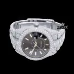 White Stick Markers Dual Time Black Dial Full Icd Out Moissanite Watch Close Up Front View