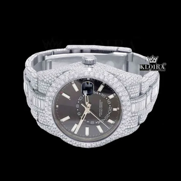 White Stick Markers Dual Time Black Dial Full Icd Out Moissanite Watch Close Up Front View