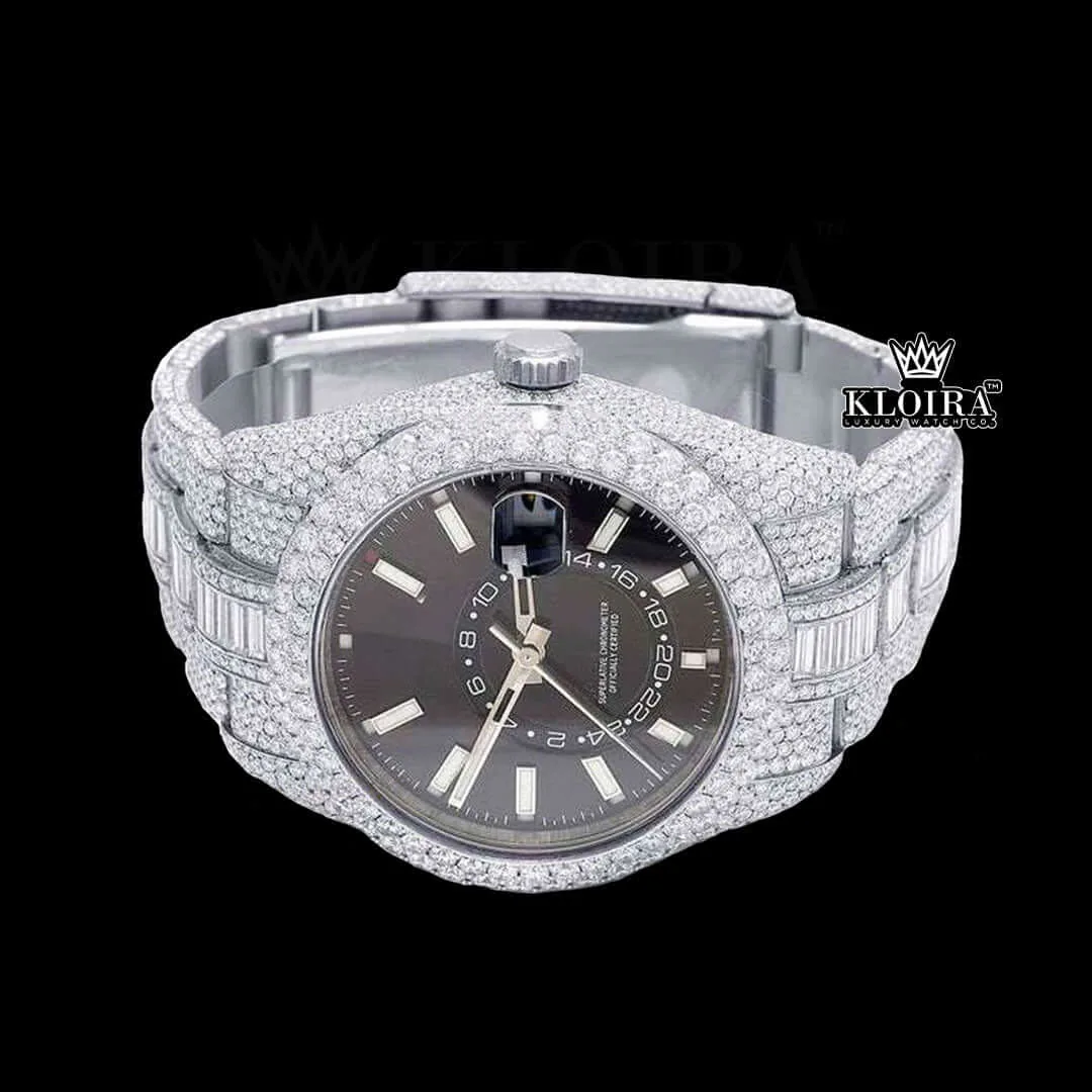 White Stick Markers Dual Time Black Dial Full Icd Out Moissanite Watch Close Up Front View