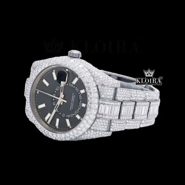 White Stick Markers Dual Time Black Dial Full Icd Out Moissanite Watch Left Profile View