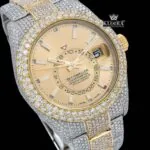 White Stick Markers Dual Time Dial Two Tone Iced Out Moissanite Watch Close Up Dial View