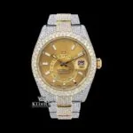 Luxury Roles White Stick Markers Dual Time Dial Two Tone Iced Out Moissanite Watch