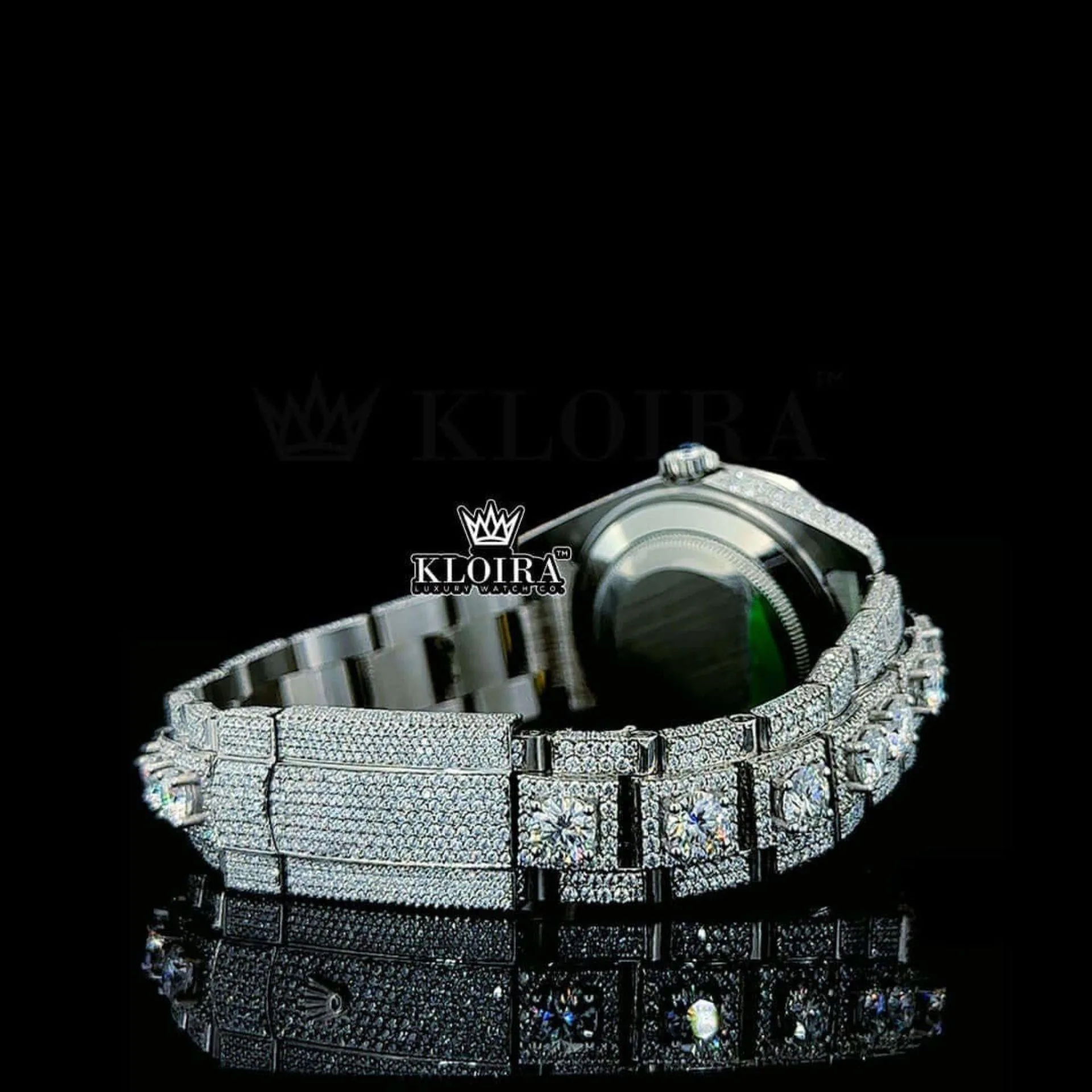 White Stick Markers White Dial Fully Iced Moissanite Diamond Watch Caseback View