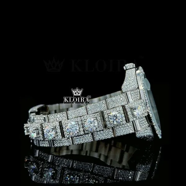 White Stick Markers White Dial Fully Iced Moissanite Diamond Watch Right Side Bracelet View