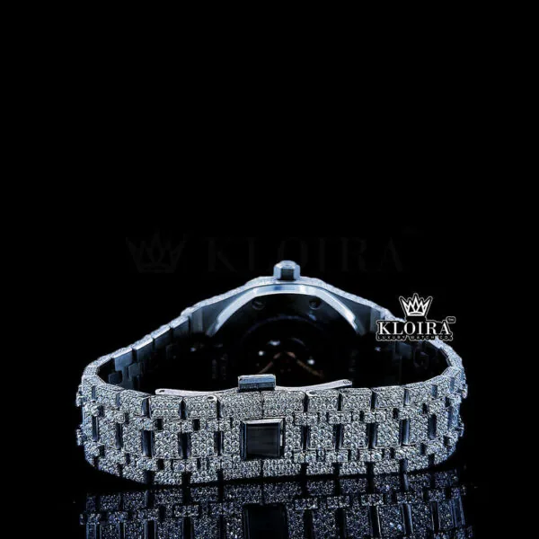 Women Blue Arabic Dial Fully Iced Out Moissanite Diamond Watch Caseback View