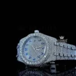 Women Blue Arabic Dial Fully Iced Out Moissanite Diamond Watch Close Up Dial View