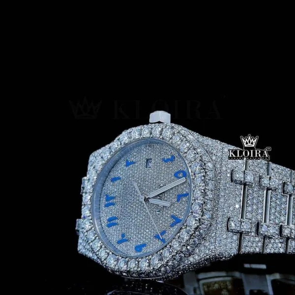 Women Blue Arabic Dial Fully Iced Out Moissanite Diamond Watch Close Up Front View