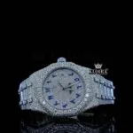 AP Women Blue Arabic Dial Fully Iced Out Moissanite Watch with 14K gold plating and sparkling gems