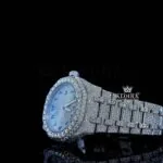 Women Blue Arabic Dial Fully Iced Out Moissanite Diamond Watch Left Profile View