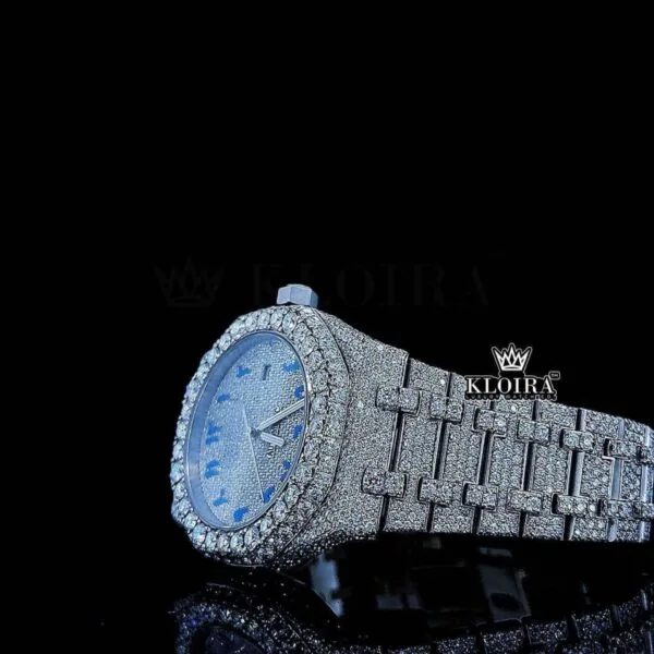 Women Blue Arabic Dial Fully Iced Out Moissanite Diamond Watch Left Profile View