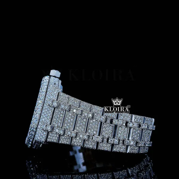 Women Blue Arabic Dial Fully Iced Out Moissanite Diamond Watch Left Side Bracelet View