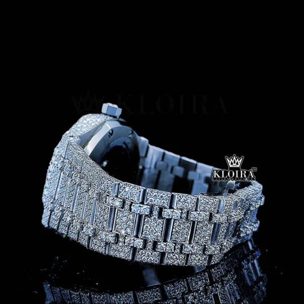 Women Blue Arabic Dial Fully Iced Out Moissanite Diamond Watch Left Side View