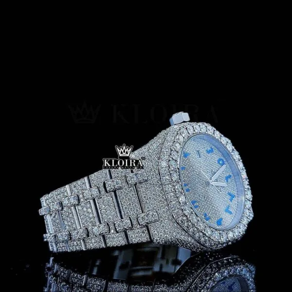 Women Blue Arabic Dial Fully Iced Out Moissanite Diamond Watch Right Profile View