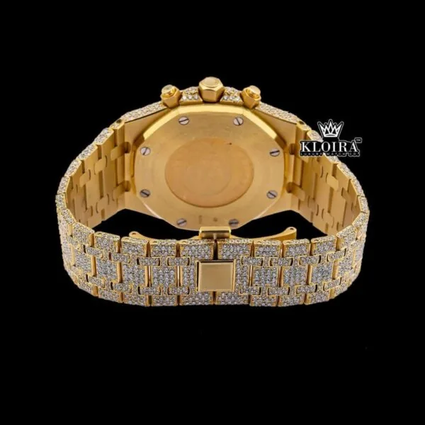 Women's Yellow Gold Full Iced Out Moissanite Diamond Watch Caseback View