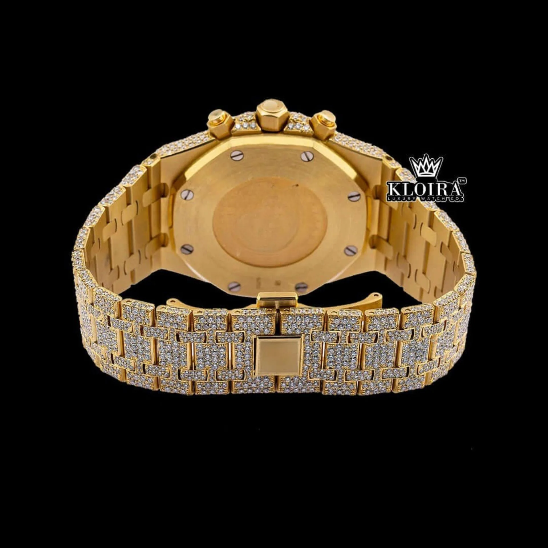 Women's Yellow Gold Full Iced Out Moissanite Diamond Watch Caseback View