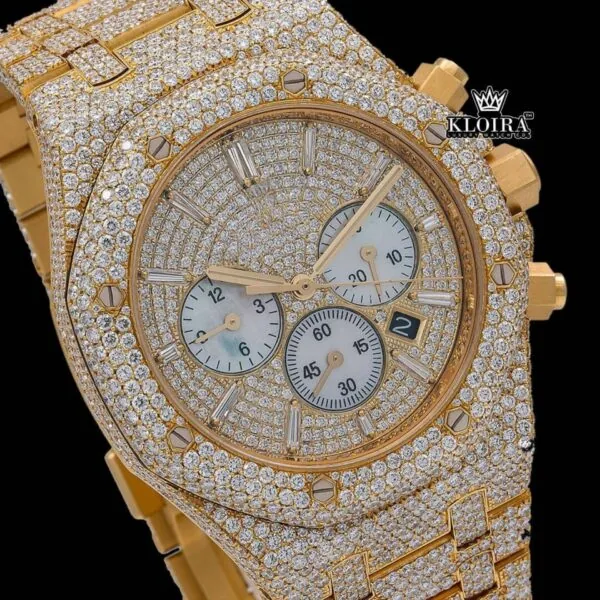 Women's Yellow Gold Full Iced Out Moissanite Diamond Watch Close Up Dial View