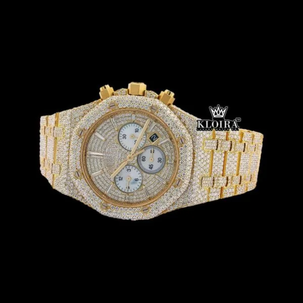 Women's Yellow Gold Full Iced Out Moissanite Diamond Watch Close Up Front View
