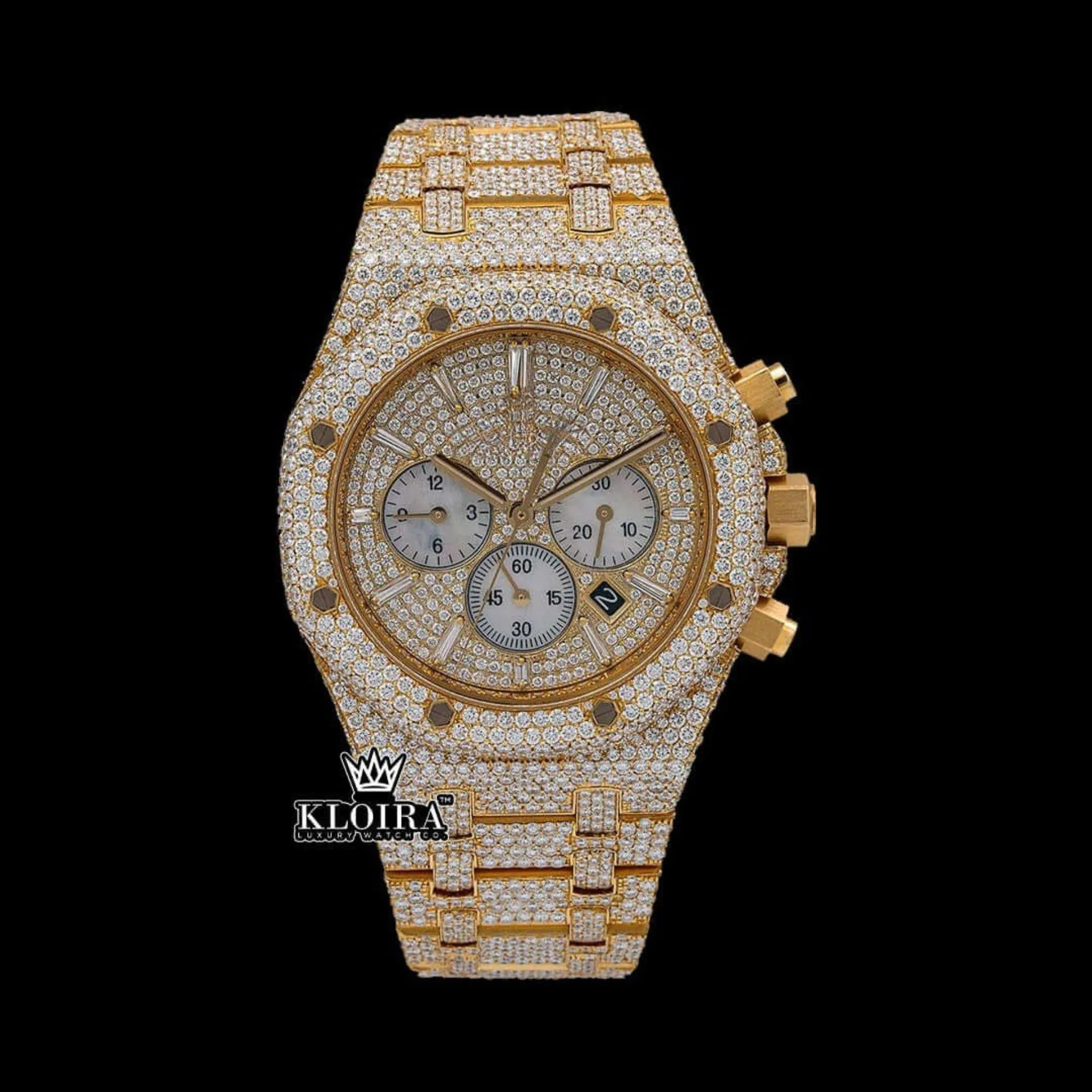 Women's Yellow Gold Iced Out Moissanite Watch with Diamond Markers