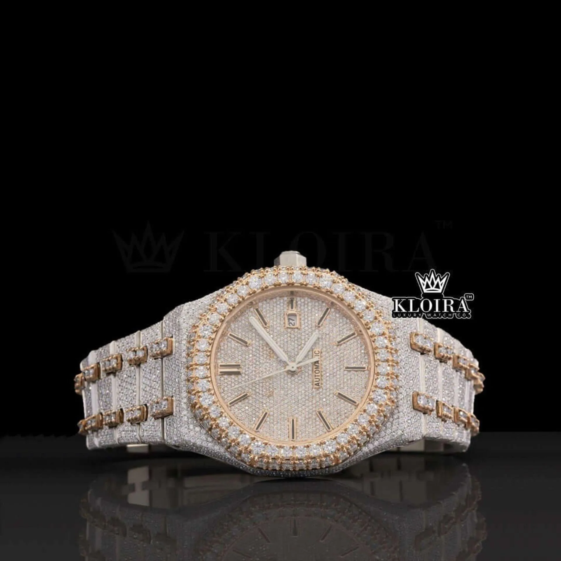AP Womens Moissanite Royal Oak Watch in Two-Tone with Rose Dial