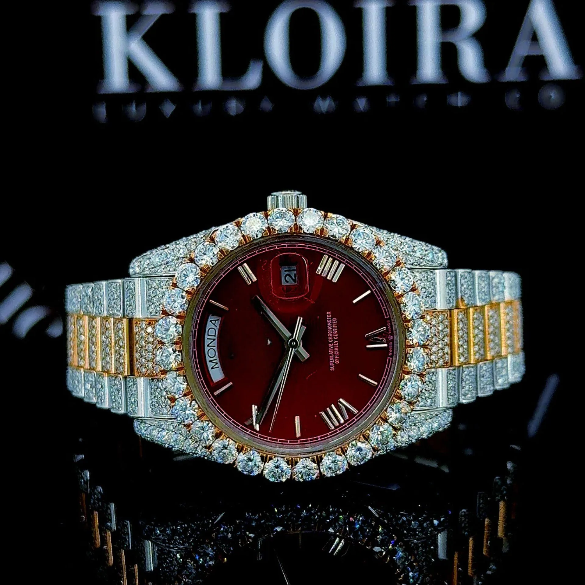 Roles Women's Moissanite Day-Date Watch with Red Dial and Two-Tone Design