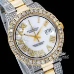 Yellow Bezel Roman Numerals White Dial Iced Out Moissanite Diamond Watch Close Up Dial View