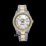 Roles Yellow Bezel Roman Numerals Iced Out Moissanite Watch front view with dazzling details