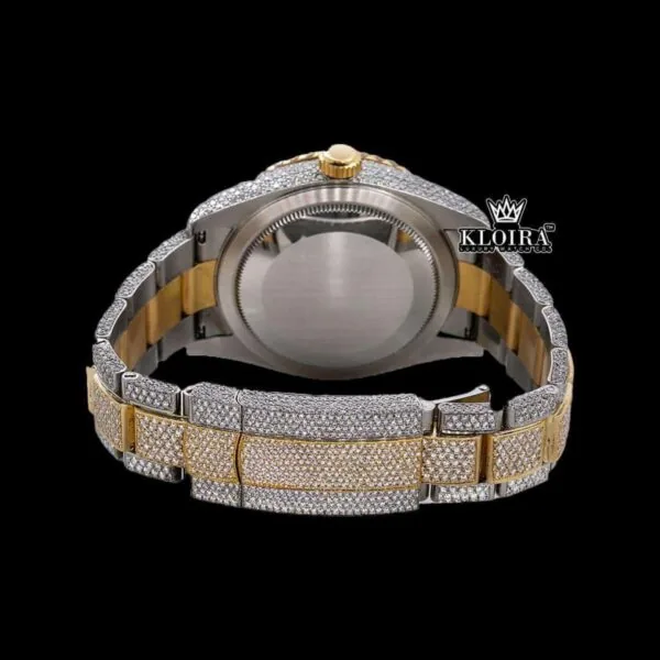 Yellow Dial Arabic Numerals Two Tone Iced Out Moissanite Diamond Watch Caseback View