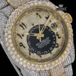 Yellow Dial Arabic Numerals Two Tone Iced Out Moissanite Diamond Watch Close Up Dial View