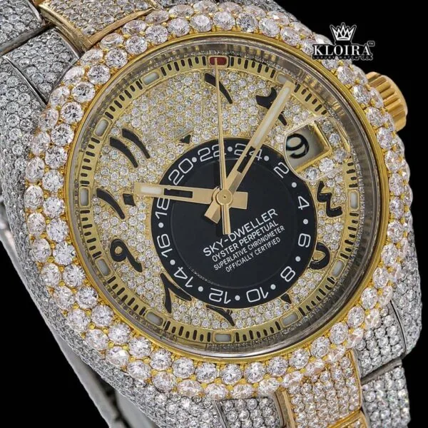 Yellow Dial Arabic Numerals Two Tone Iced Out Moissanite Diamond Watch Close Up Dial View