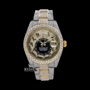 Roles Yellow Dial Arabic Numerals Two Tone Iced Out Moissanite Watch