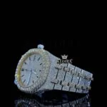 Yellow Dial Black Stick Markers Two Tone Iced Out Moissanite Diamond Watch Close Up Left Profile View