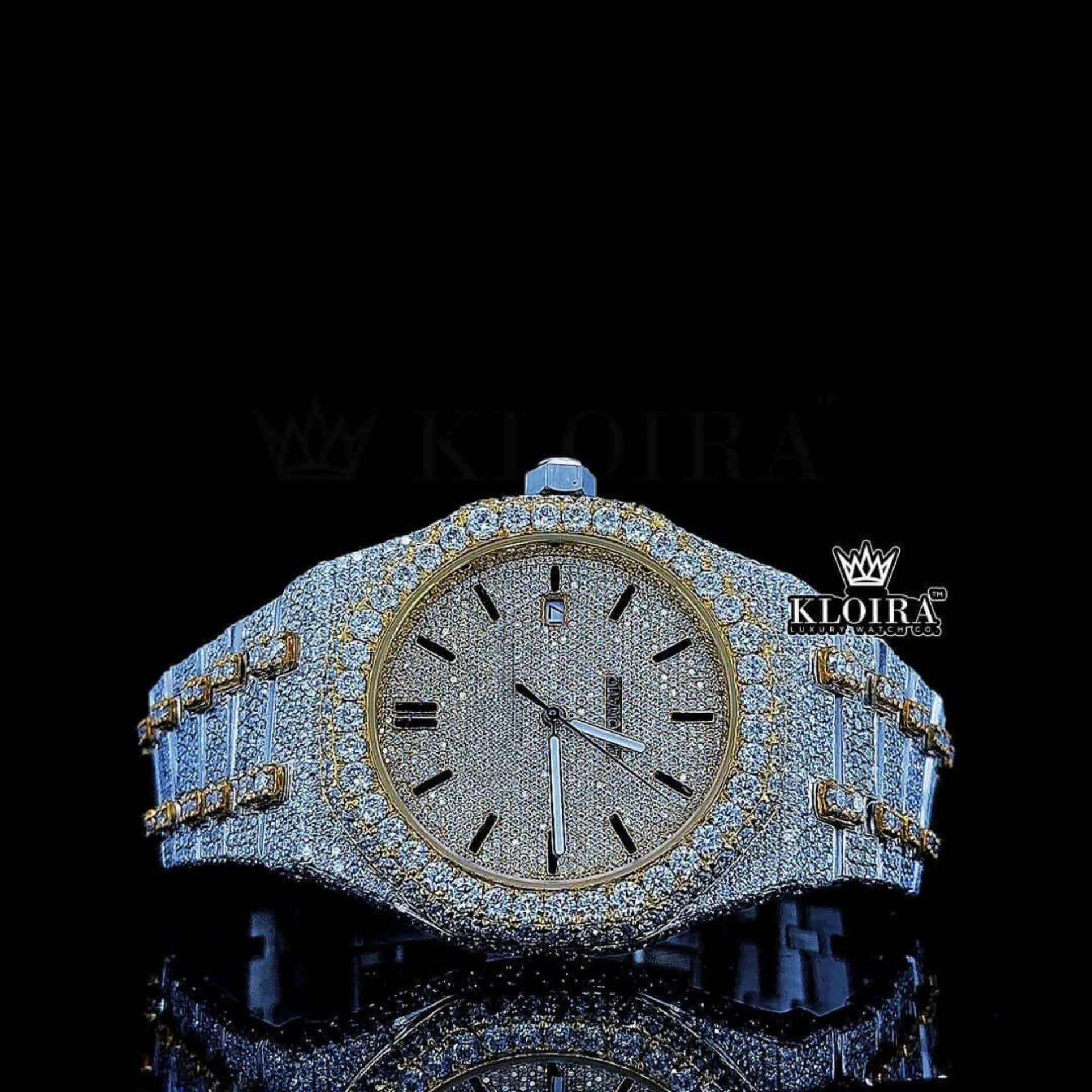 AP Royal Oak Yellow Dial Two-Tone Moissanite Watch with Black Stick Markers