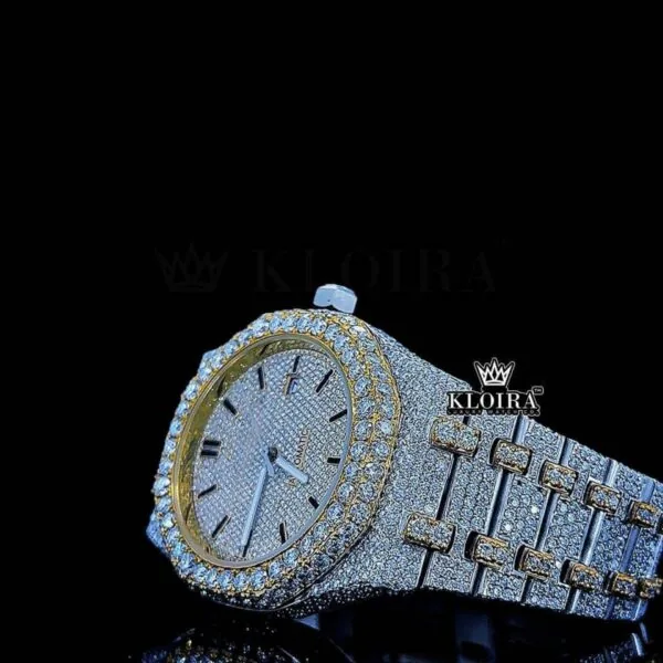 Yellow Dial Black Stick Markers Two Tone Iced Out Moissanite Diamond Watch Left Profile View
