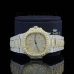 Yellow Dial Diamond Markers Two Tone Iced Out Moissanite Watch Close Up Front View