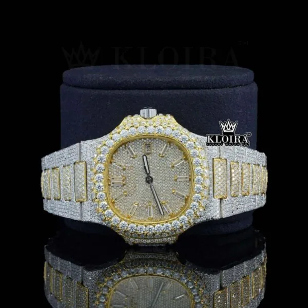 Yellow Dial Diamond Markers Two Tone Iced Out Moissanite Watch Close Up Front View