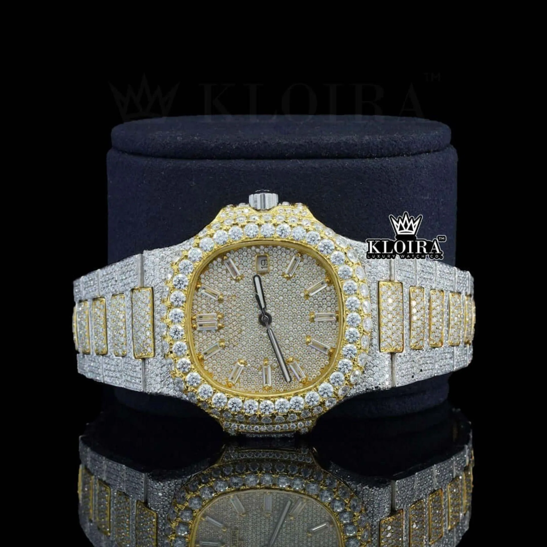 Yellow Dial Diamond Markers Two Tone Iced Out Moissanite Watch Close Up Front View