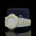 Yellow Dial Diamond Markers Two Tone Iced Out Moissanite Watch Left Profile View