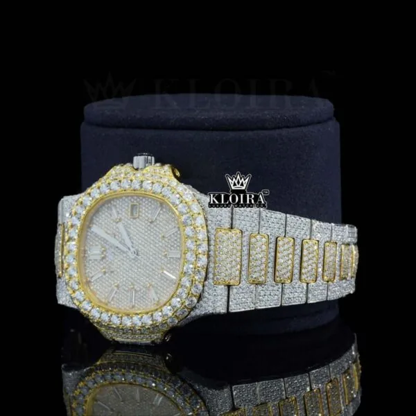 Yellow Dial Diamond Markers Two Tone Iced Out Moissanite Watch Left Profile View