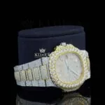 Yellow Dial Diamond Markers Two Tone Iced Out Moissanite Watch Right Profile View