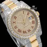 Yellow Dial Red Roman Numeral Moissanite Diamond Watch Close Up Dial View