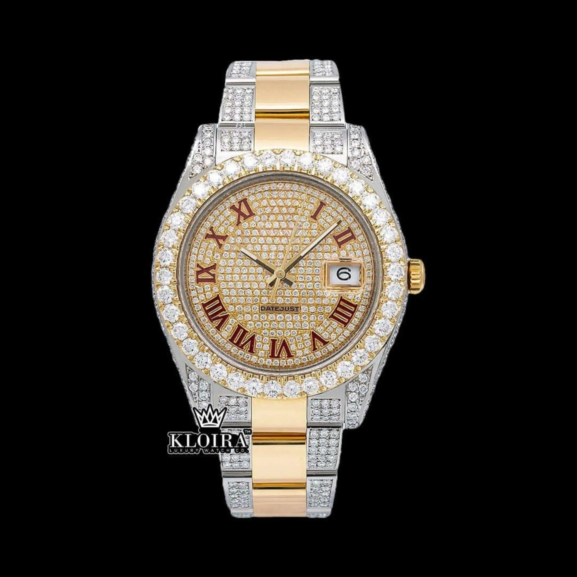 Roles Yellow Dial Moissanite Watch with Red Roman Numerals and Gold Plating