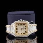 Yellow Dial Roman Numerald Two Tone Moissanite Diamond Watch Close Up Front View