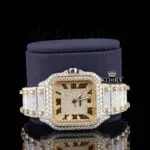 Yellow Dial Roman Numerals Two Tone Moissanite Diamond Watch Close Up Front View