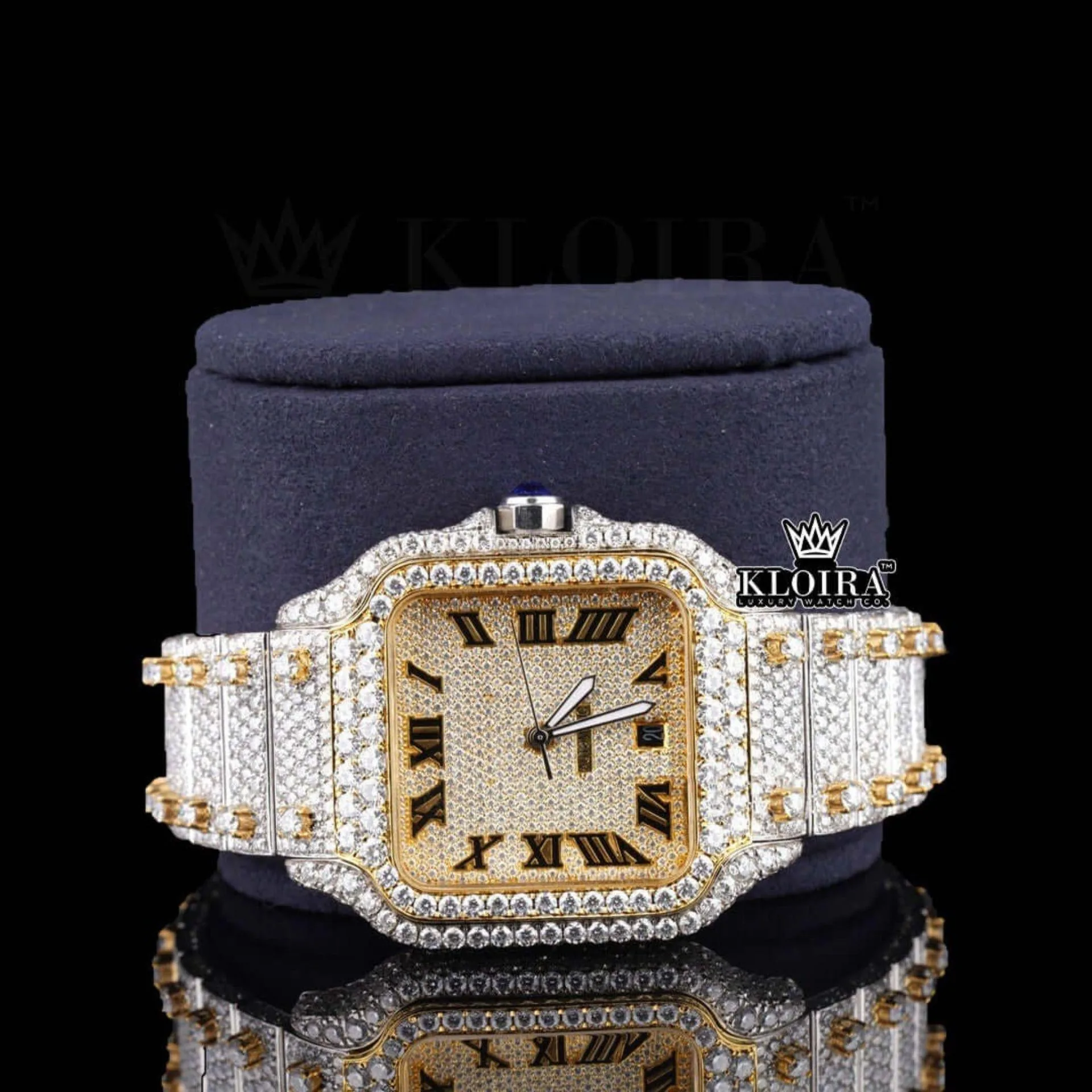 Yellow Dial Roman Numerals Two Tone Moissanite Diamond Watch Close Up Front View