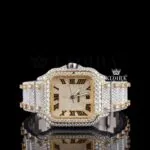 Cartior Santos Yellow Dial Roman Numerals Two-Tone Moissanite Watch with Iced Bracelet