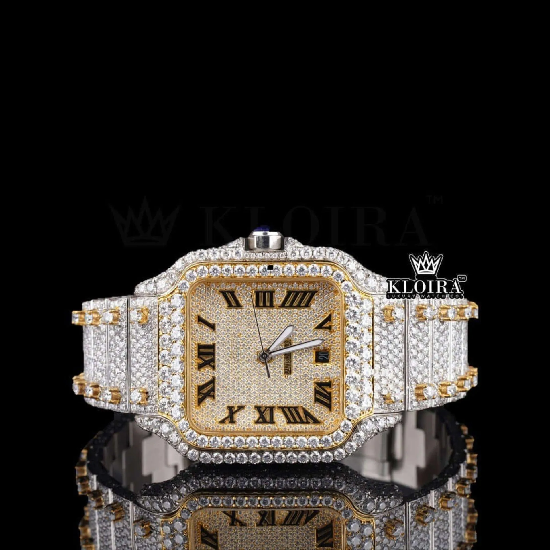 Cartior Santos Yellow Dial Roman Numerals Two-Tone Moissanite Watch with Iced Bracelet